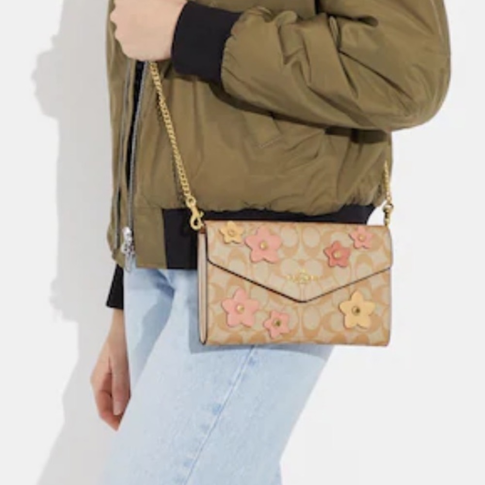 COACH Envelope Clutch Crossbody In Signature Canvas With Floral Applique